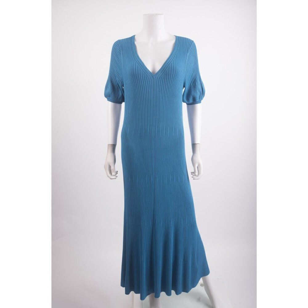 Boden Womans Empire Knit Dress midi UK 16R US 12 R Blue Ribbed Stretch NWT